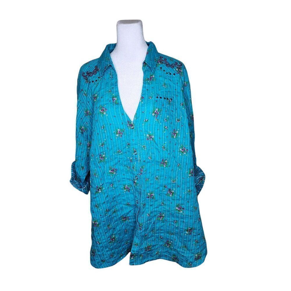Vintage 90s Torrid Western Shirt Floral Embroidered Studded Womens Size 4 Blue